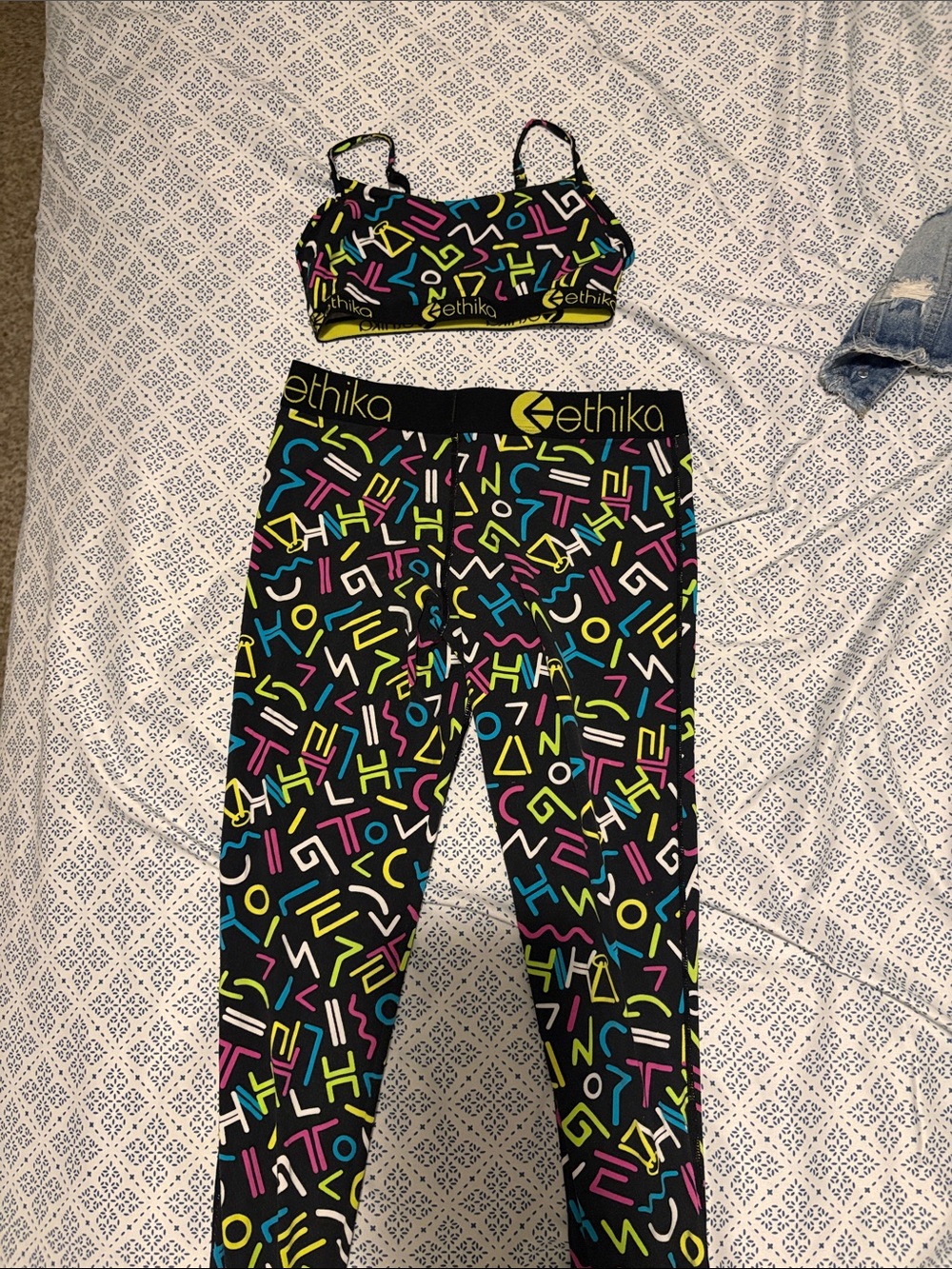 ethika Black Leggings & Sports Bra with Neon Geometric Print